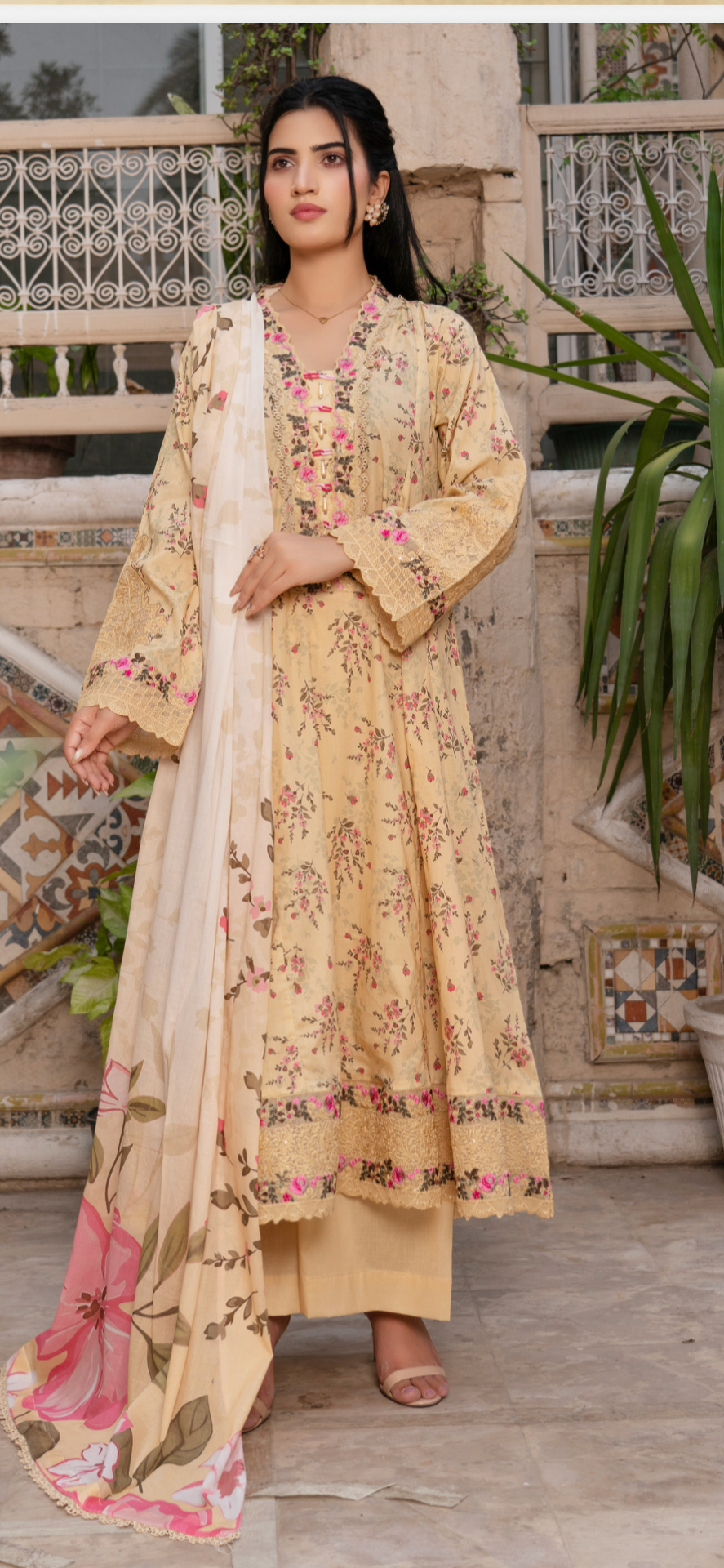 Latest lawn embroidered dress style shirt dupatta and matching trousers
