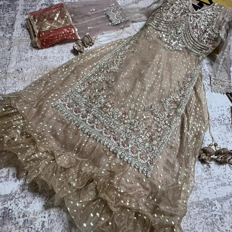 Heavy Maxi Dress with Gown Dupatta and Trousers in Elegant Pink and White Embroidered Design