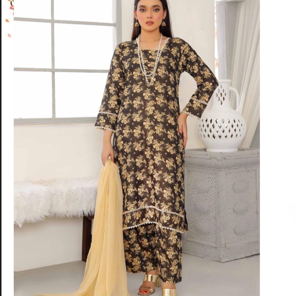 Simrans winter printed suit with plazo and mustard dupatta