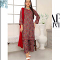 Simrans Red winter printed suit with plazo and chiffon dupatta