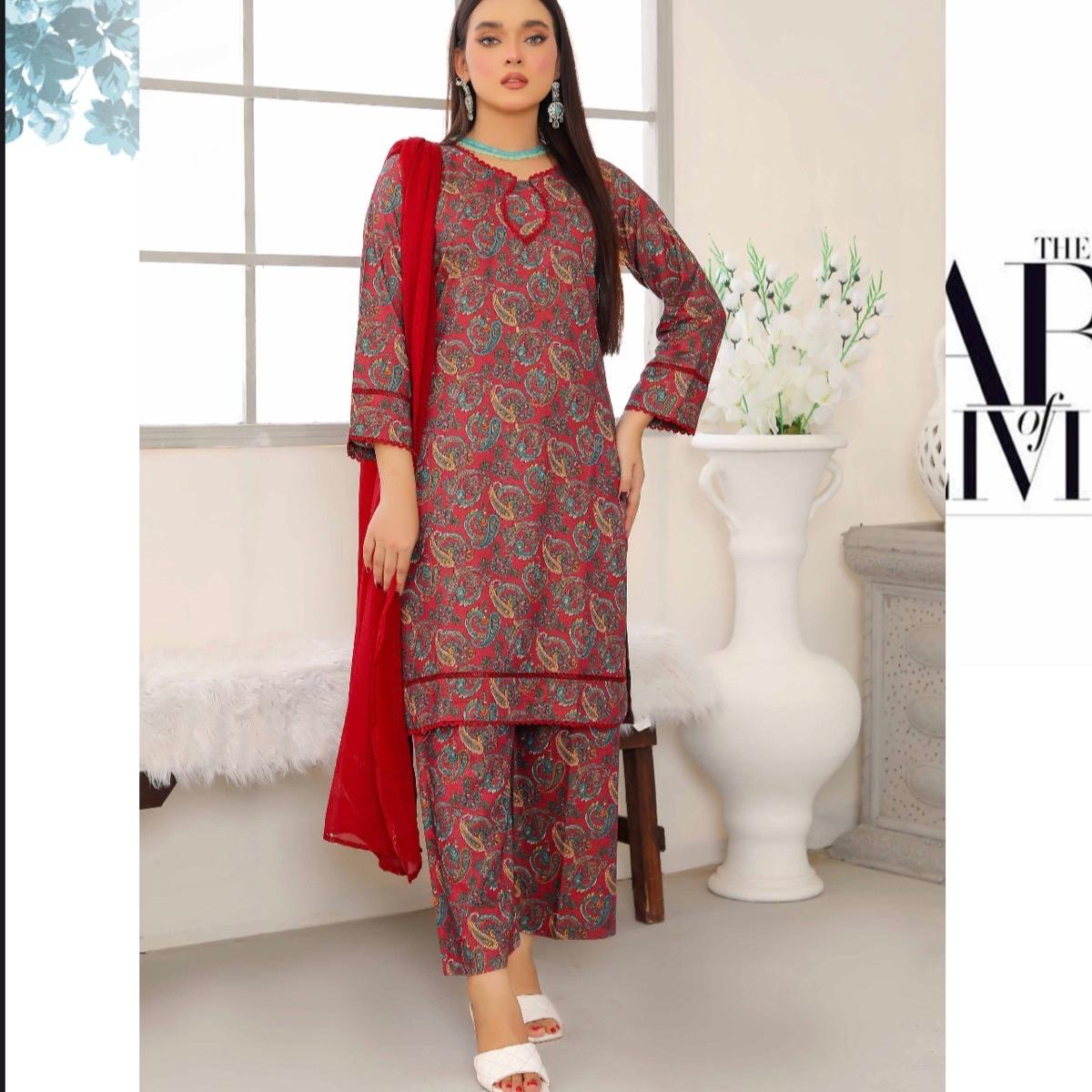 Simrans Red winter printed suit with plazo and chiffon dupatta