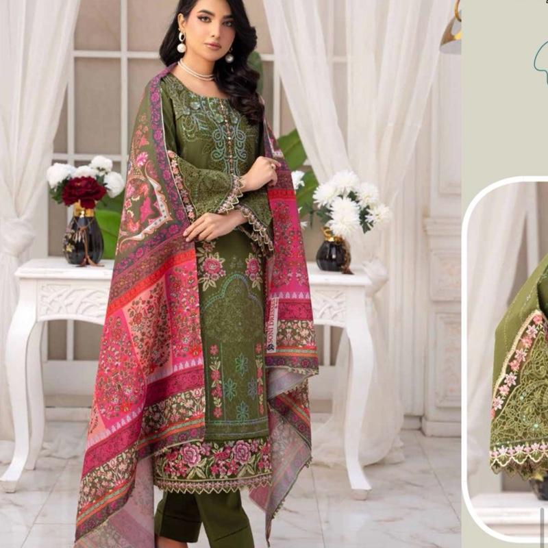 Green embroidered dhanak 3PC with pashmina shawl