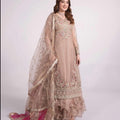 Heavy Maxi Dress with Gown Dupatta and Trousers in Elegant Pink and White Embroidered Design