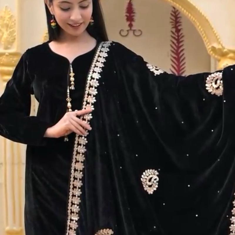 Velvet 3PC suit with velvet embroidered shawl Black colour