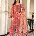 Linen Floral Print 3PC Set with Embroidered Top Trousers & Med Munaar Dupatta for Women's Fashion