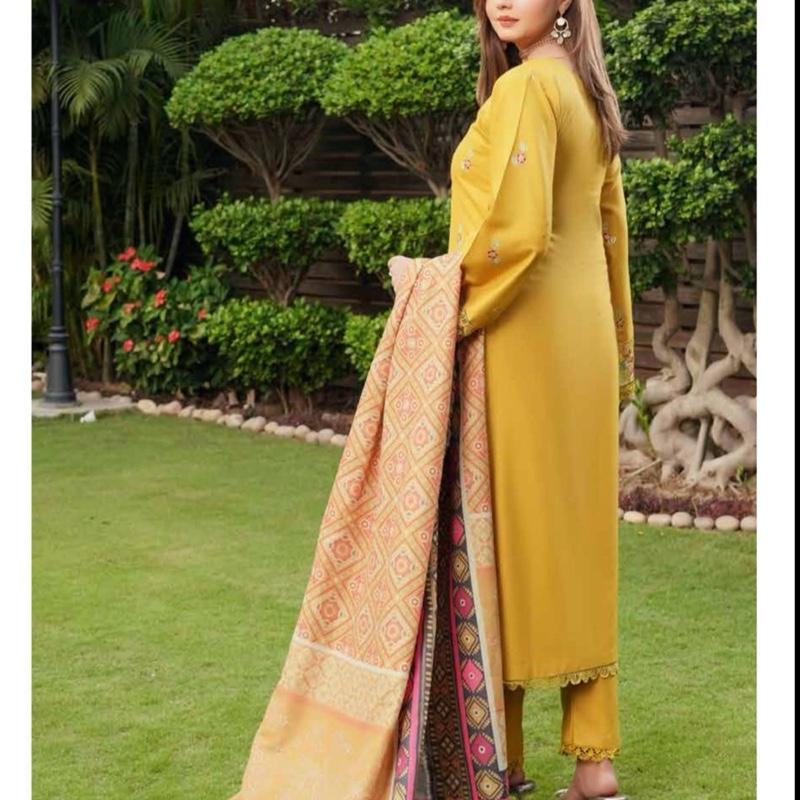 Mustard embroidered dhanak 3PC