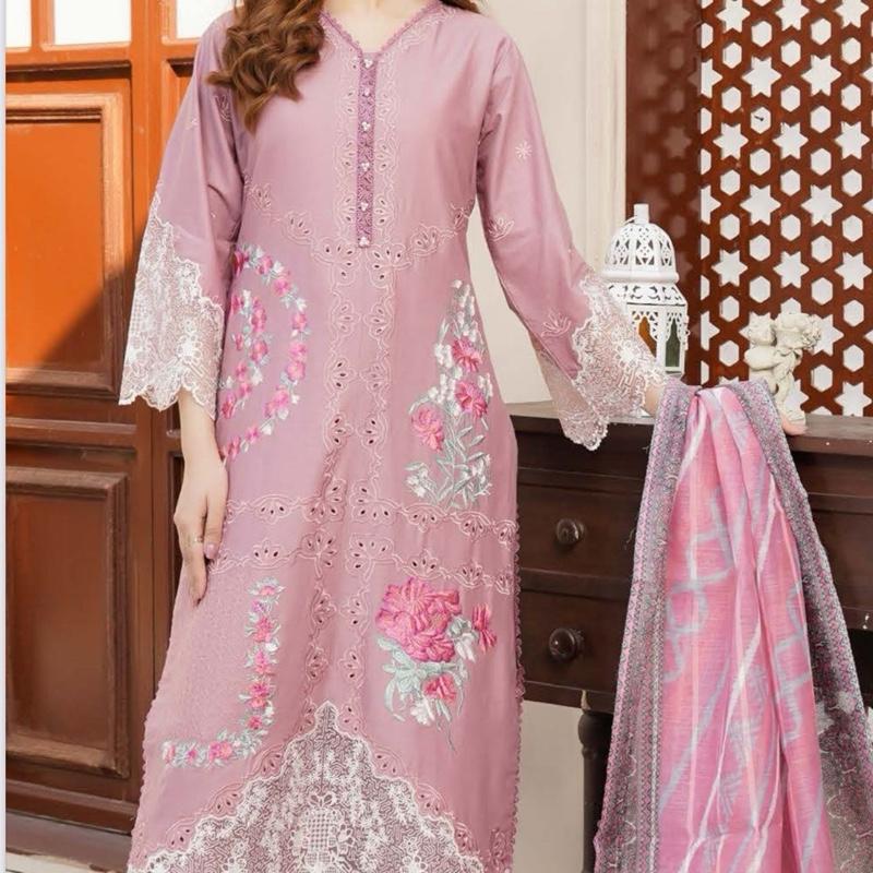 Munira Cotton Embroidered 3PC Pink Dress with Floral Patterns & Matching Dupatta