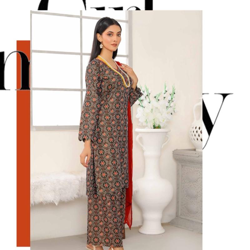 Simrans shamrey linen suit with chiffon plain dupatta