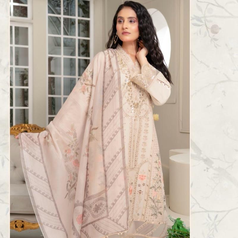 Munira beige heavy embroidered cotton 3PC