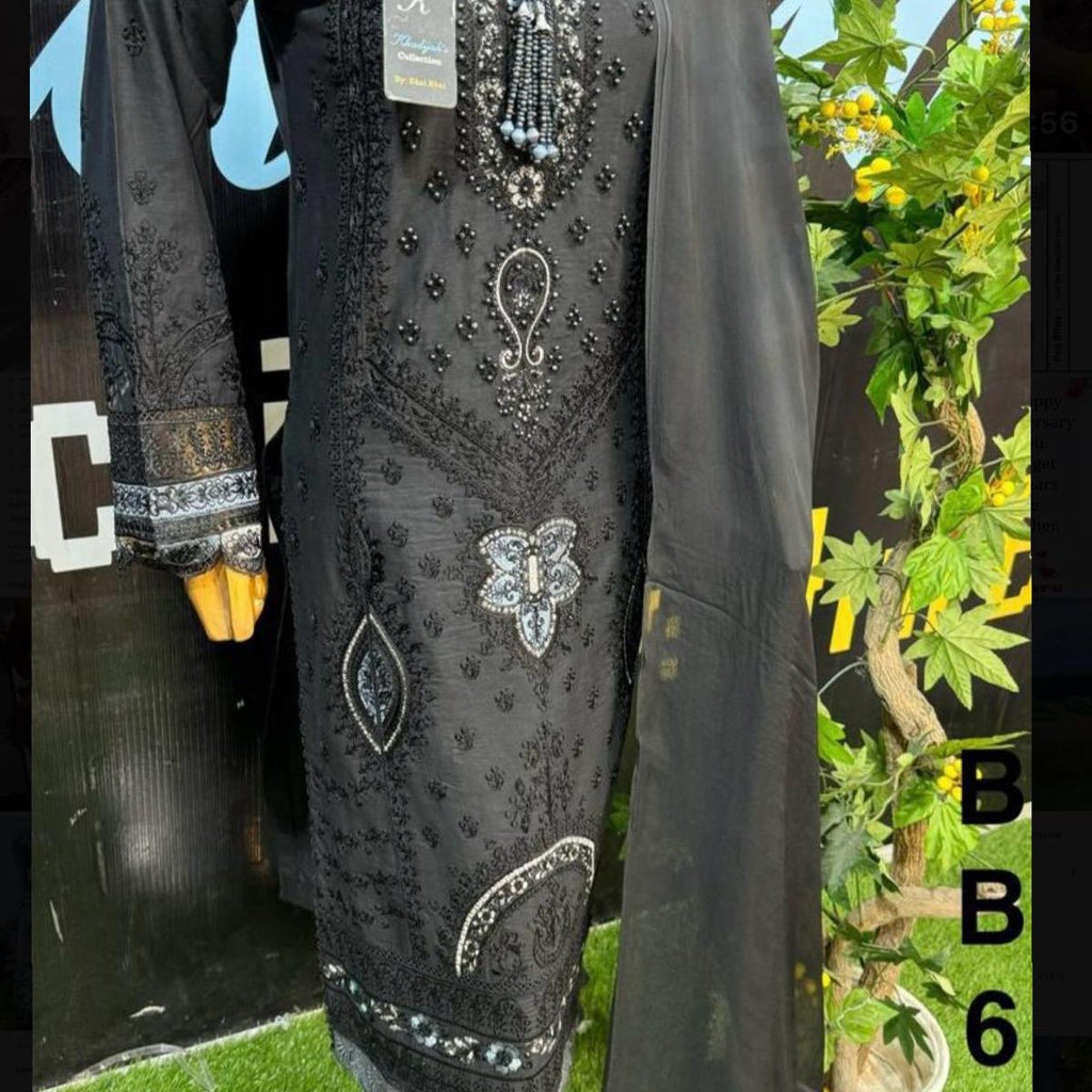 Black cotton embroidered 3PC suit