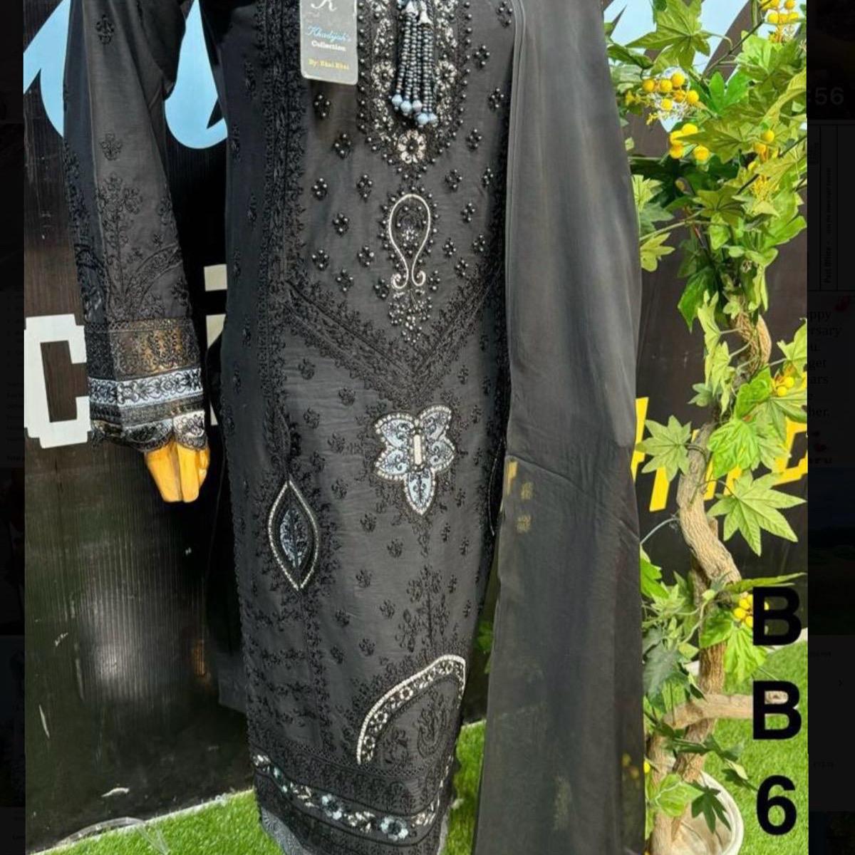 Black cotton embroidered 3PC suit