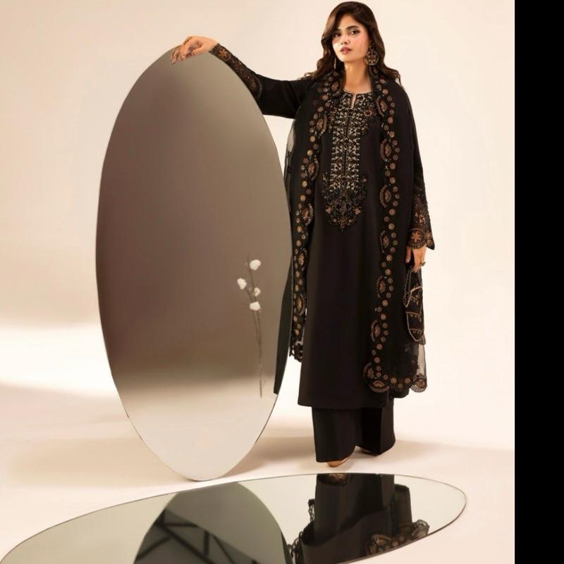 Black silk fancy party wear with trousers dupatta and potli