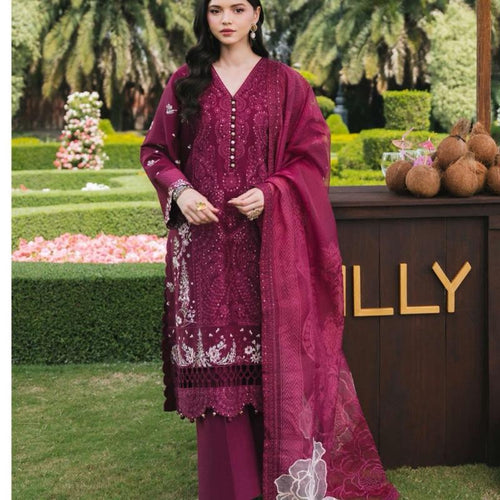 Allays Dark Pink mother daughter matching Heavy Embroidered Fancy Cotton 3PC