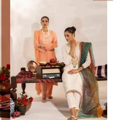 Ally’s linen embroidered 3PC suit with multi dupatta