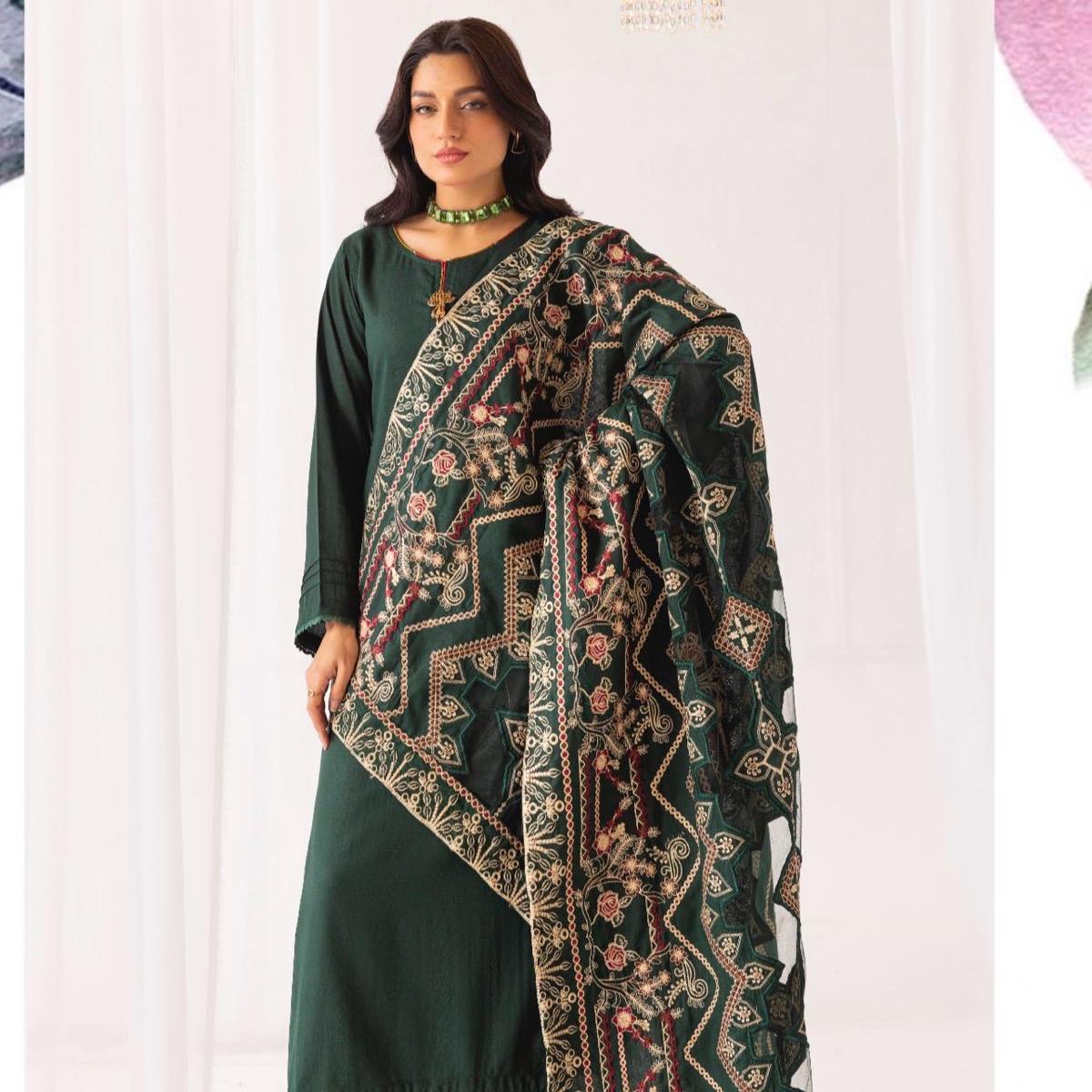 Simrans winter dhanak suit with laser kari shawl green
