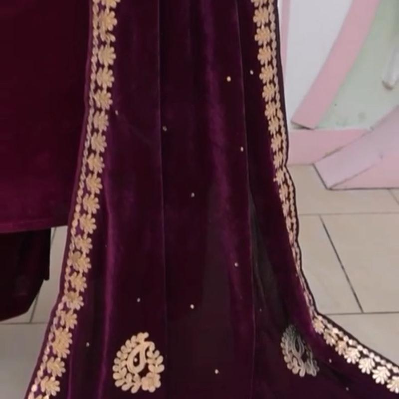 Velvet 3PC suit with velvet embroidered shawl purple