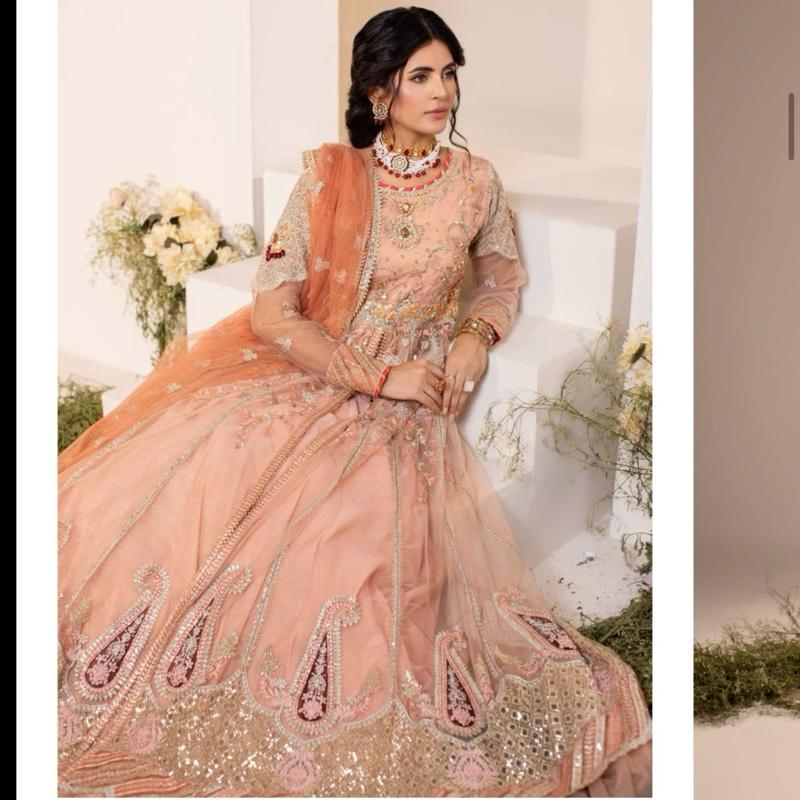 Zahra Rubab peach heavy maxi dress with dupatta and trousers