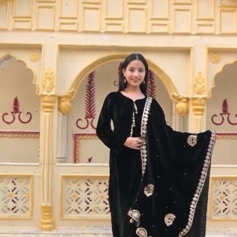 Velvet 3PC suit with velvet embroidered shawl Black colour