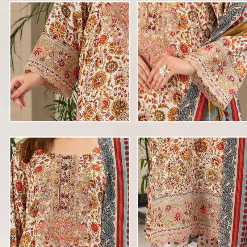 Linen floral print with embroidered 3PC