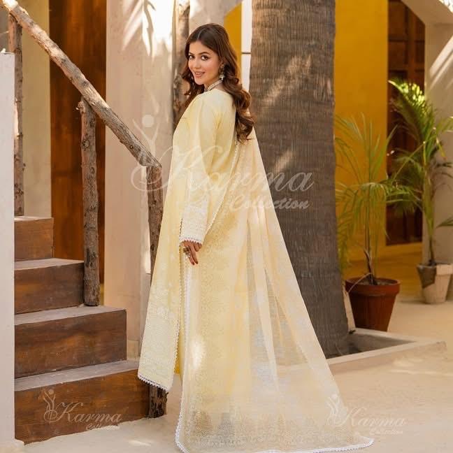 Karma light yellow heavy embroidered 3PC