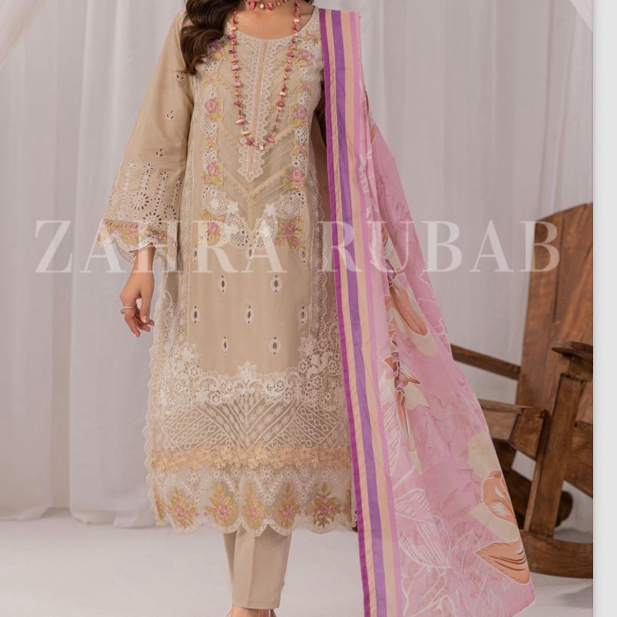 Beige with pink dupatta cotton embroidered 3PC