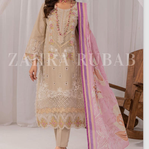 Beige with pink dupatta cotton embroidered 3PC