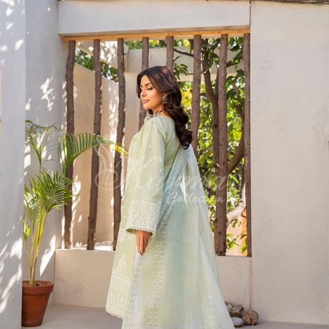 Karma Pistachio Green Cotton Embroidered 3PC Set with Plazo Trousers & Dupatta for Everyday & Special Occasions