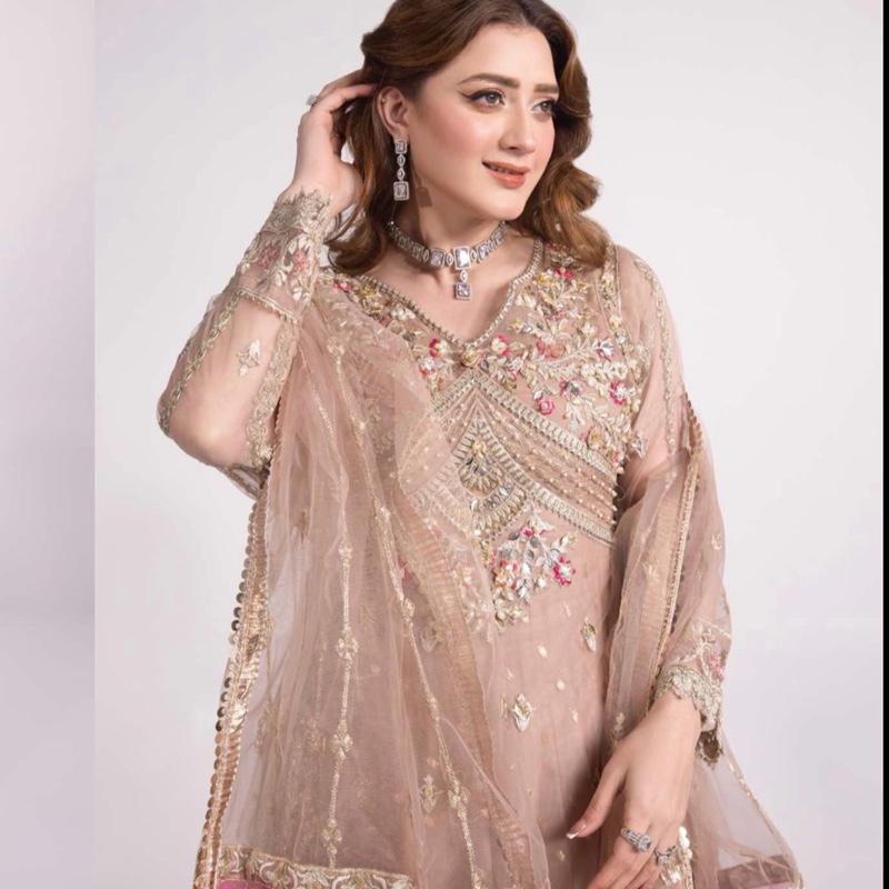 Heavy Maxi Dress with Gown Dupatta and Trousers in Elegant Pink and White Embroidered Design