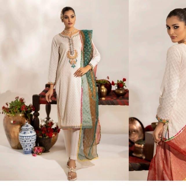 Ally’s linen embroidered 3PC suit with multi dupatta