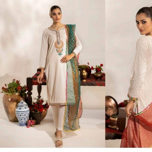 Ally’s linen embroidered 3PC suit with multi dupatta