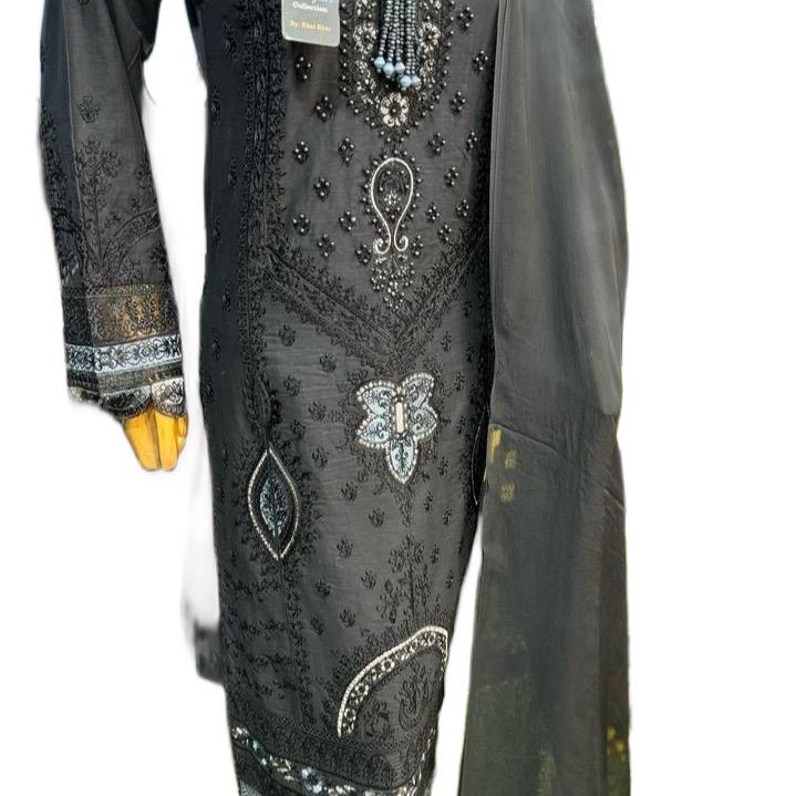 Black cotton embroidered 3PC suit