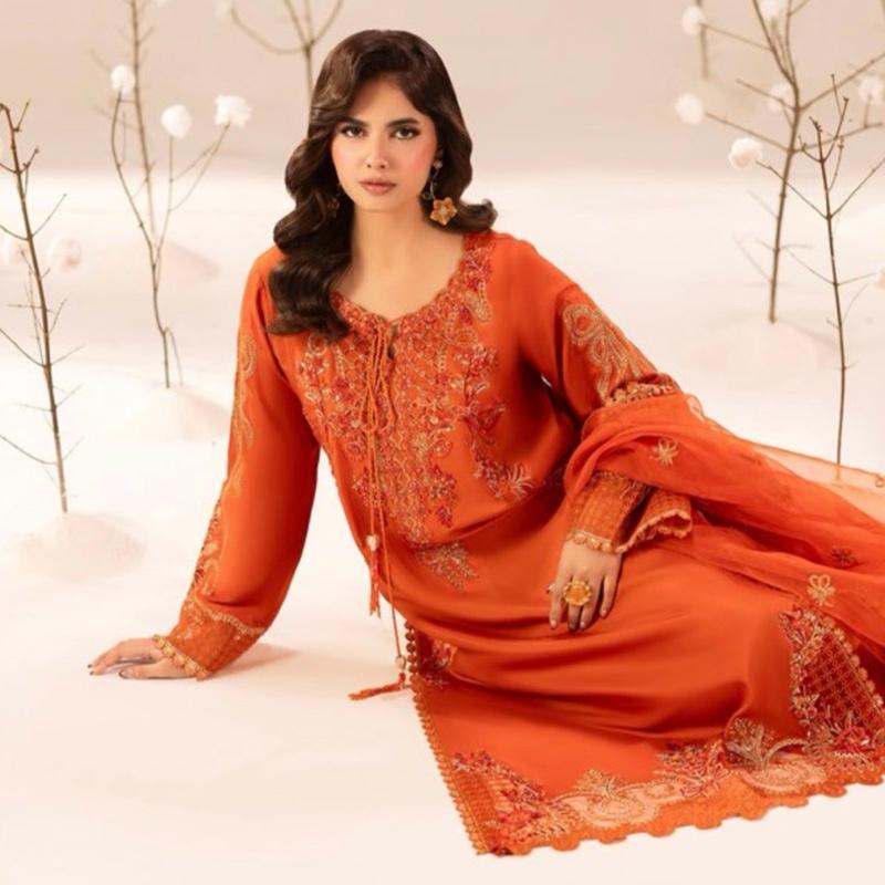 Elegant Orange Embroidered Dress with Matching Dupatta and Bag for Special Occasions