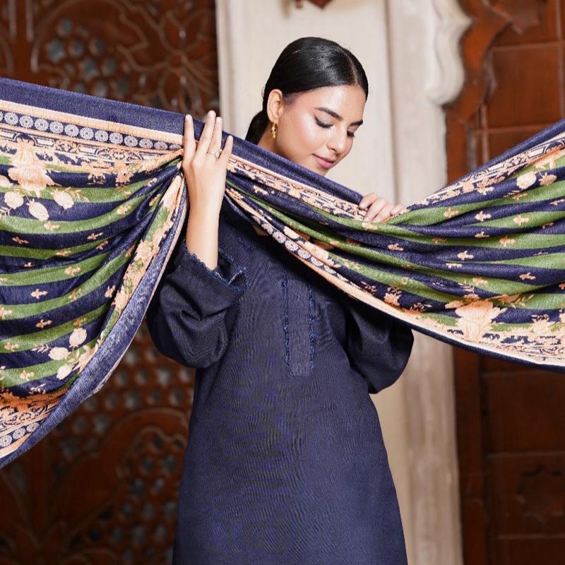 Blue plain suit with printed shawl