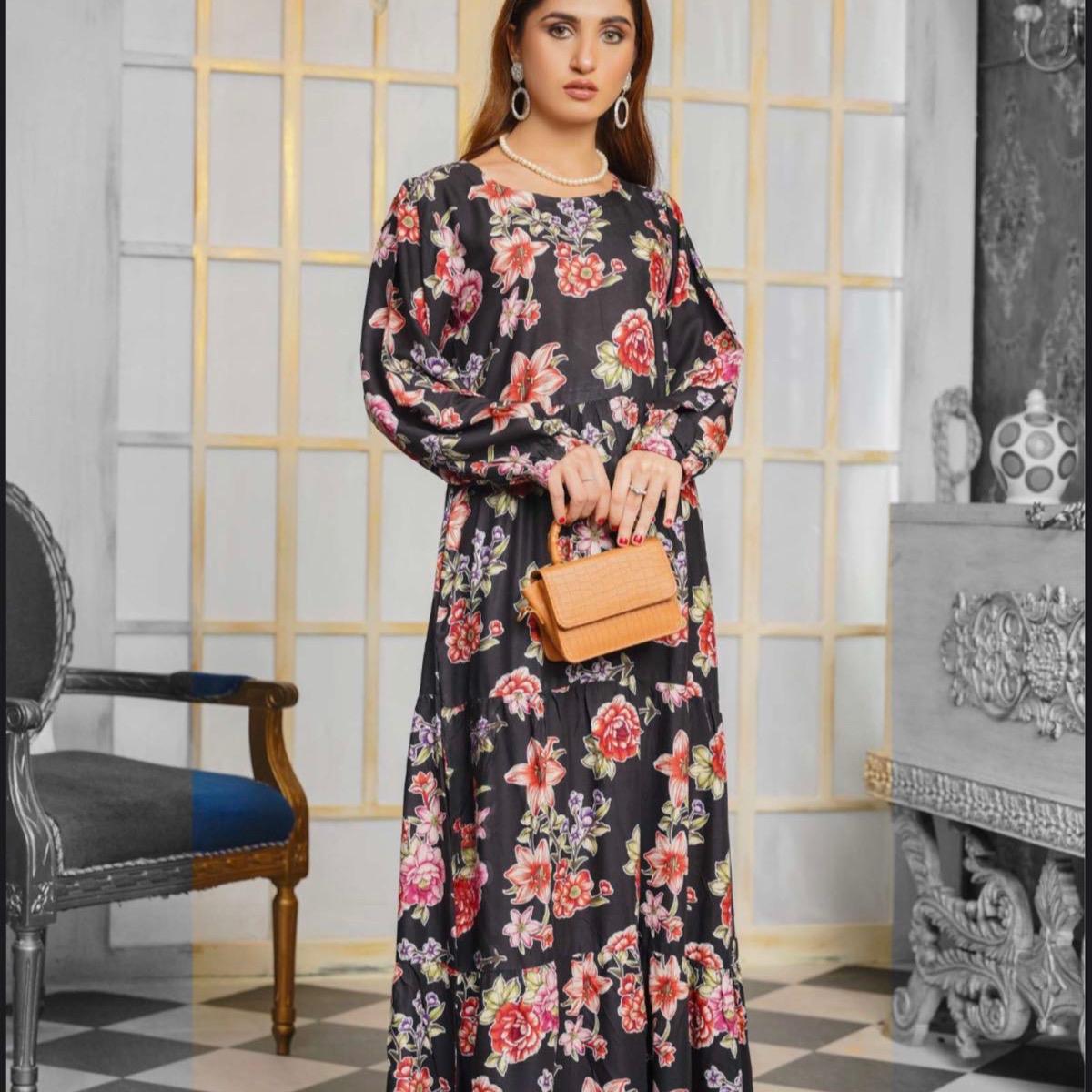 Simrans Black with multi floral linen long maxi
