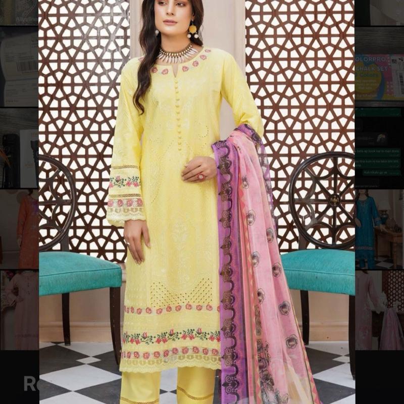 Yellow cotton heavy embroidered 3PC with contrast dupatta