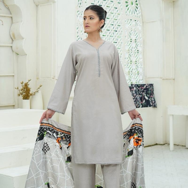 Light grey dhanak plain suit with printed shawl