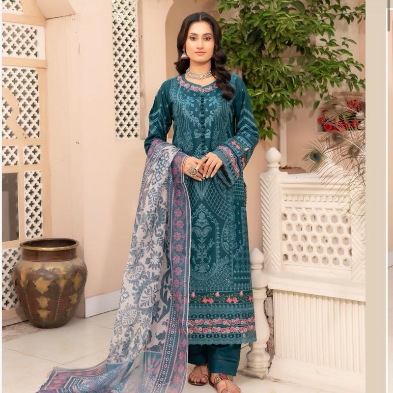 Munira lawn heavy embroidered teal blue 3PC