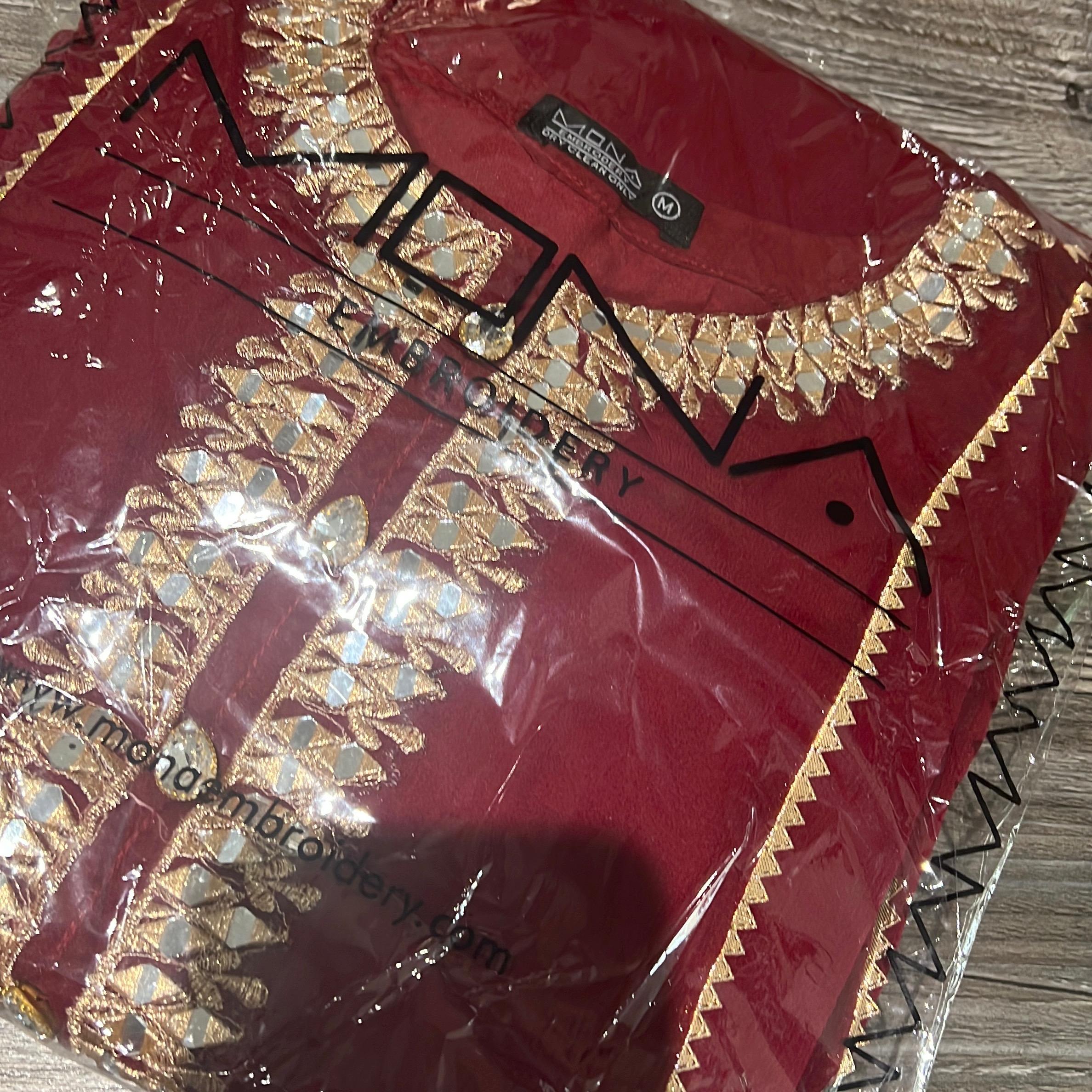 Red chiffon dress mirror work embroidered 3PC