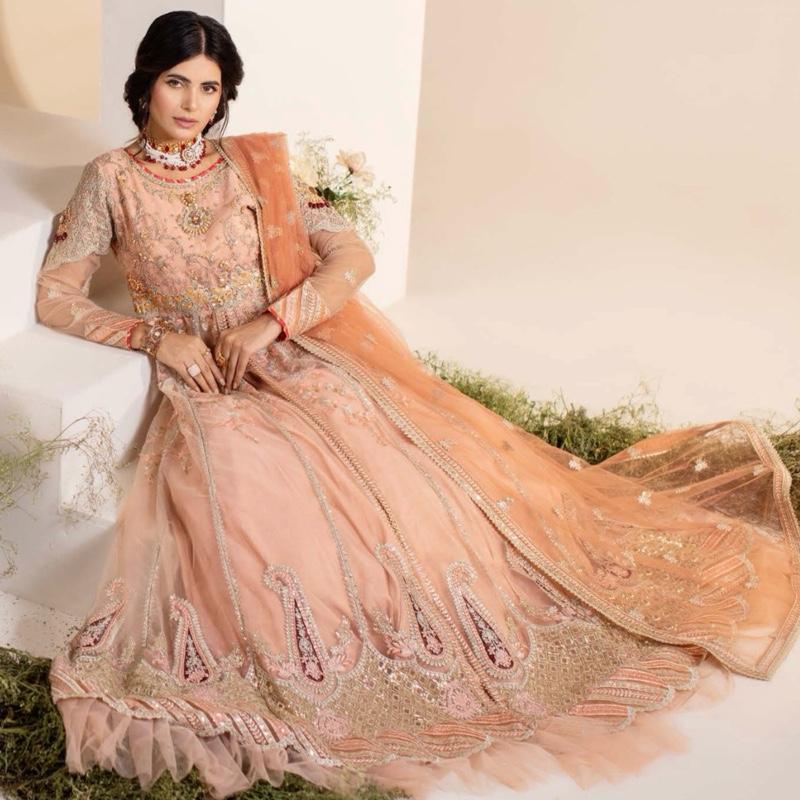 Zahra Rubab peach heavy maxi dress with dupatta and trousers