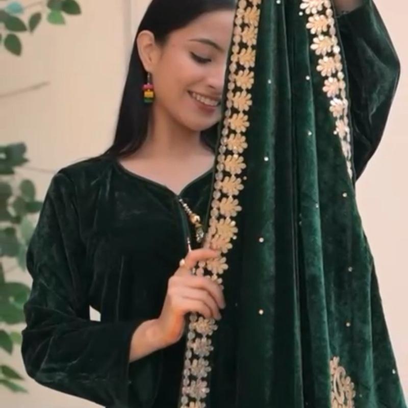 Women's Velvet Dark Green 3PC Suit with Embroidered Shawl - Comfortable and Stylish dark green- Womenswear