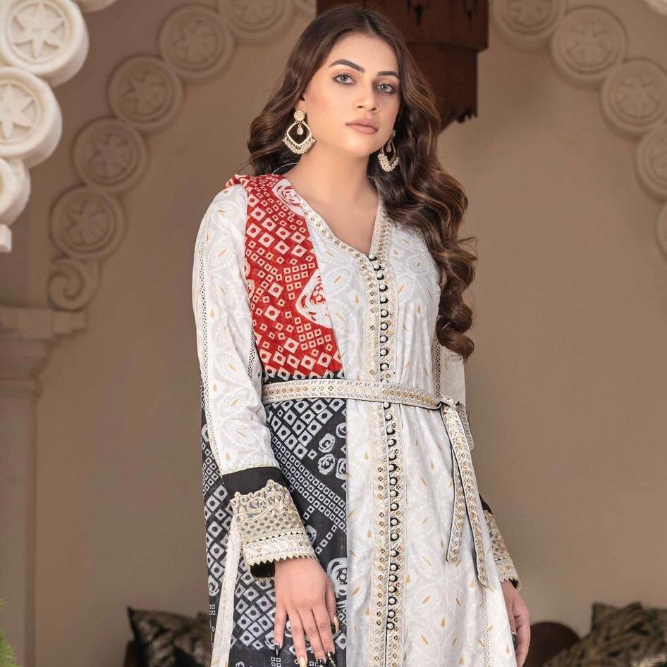 Ally’s white suit with multi chunri print dupatta 3PC