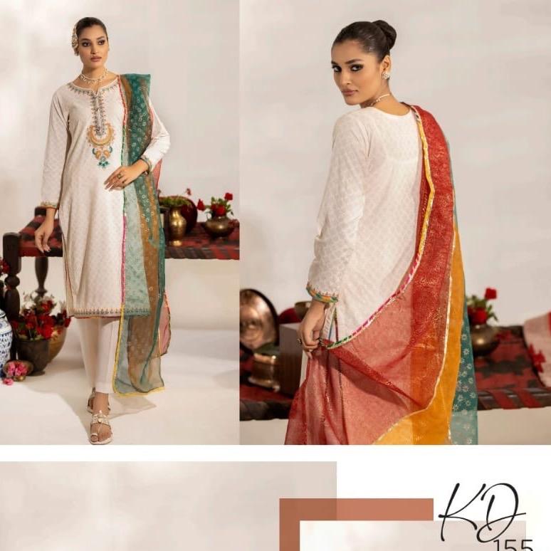 Ally’s linen embroidered 3PC suit with multi dupatta