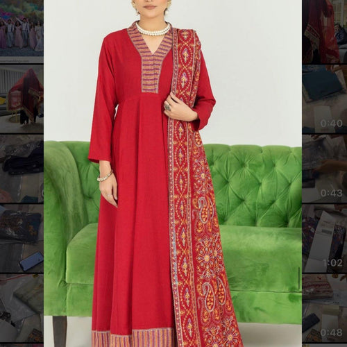 Ally’s designer winter karandi suit with heavy embroidered shawl