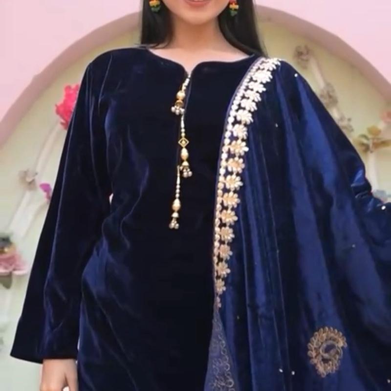 Velvet 3PC Suit with Embroidered Shawl Blue All Seasons Long Sleeve Womenswear