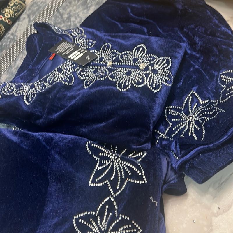Navy Blue Velvet 3PC Set with Straight Trousers and Shawl Embellished with Rhinestones for Elegant Outfits