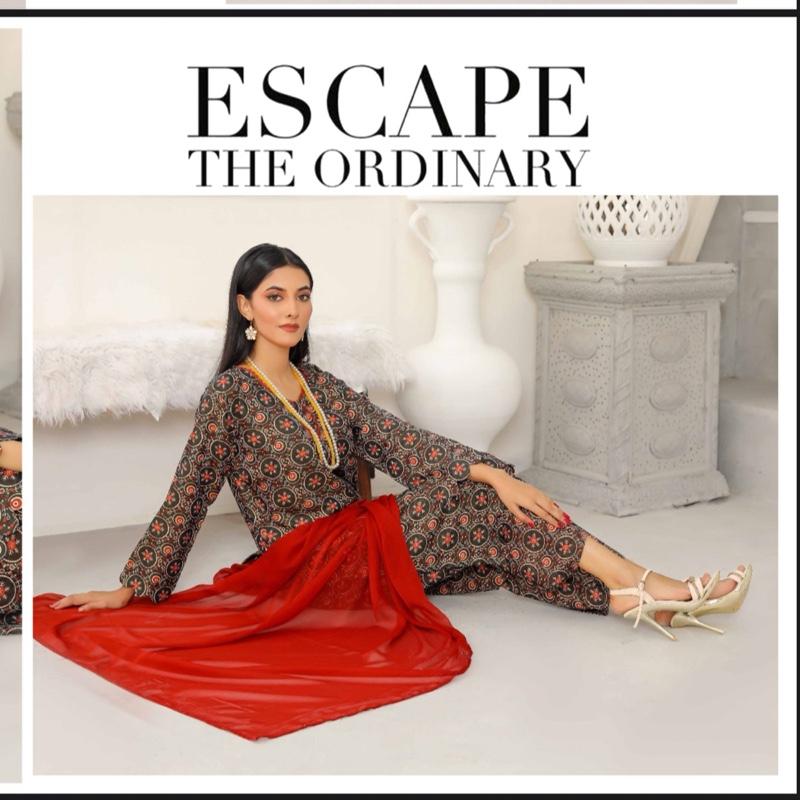 Simrans shamrey linen suit with chiffon plain dupatta