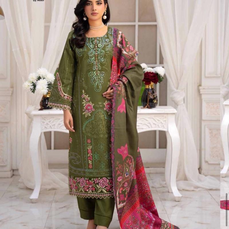 Green embroidered dhanak 3PC with pashmina shawl