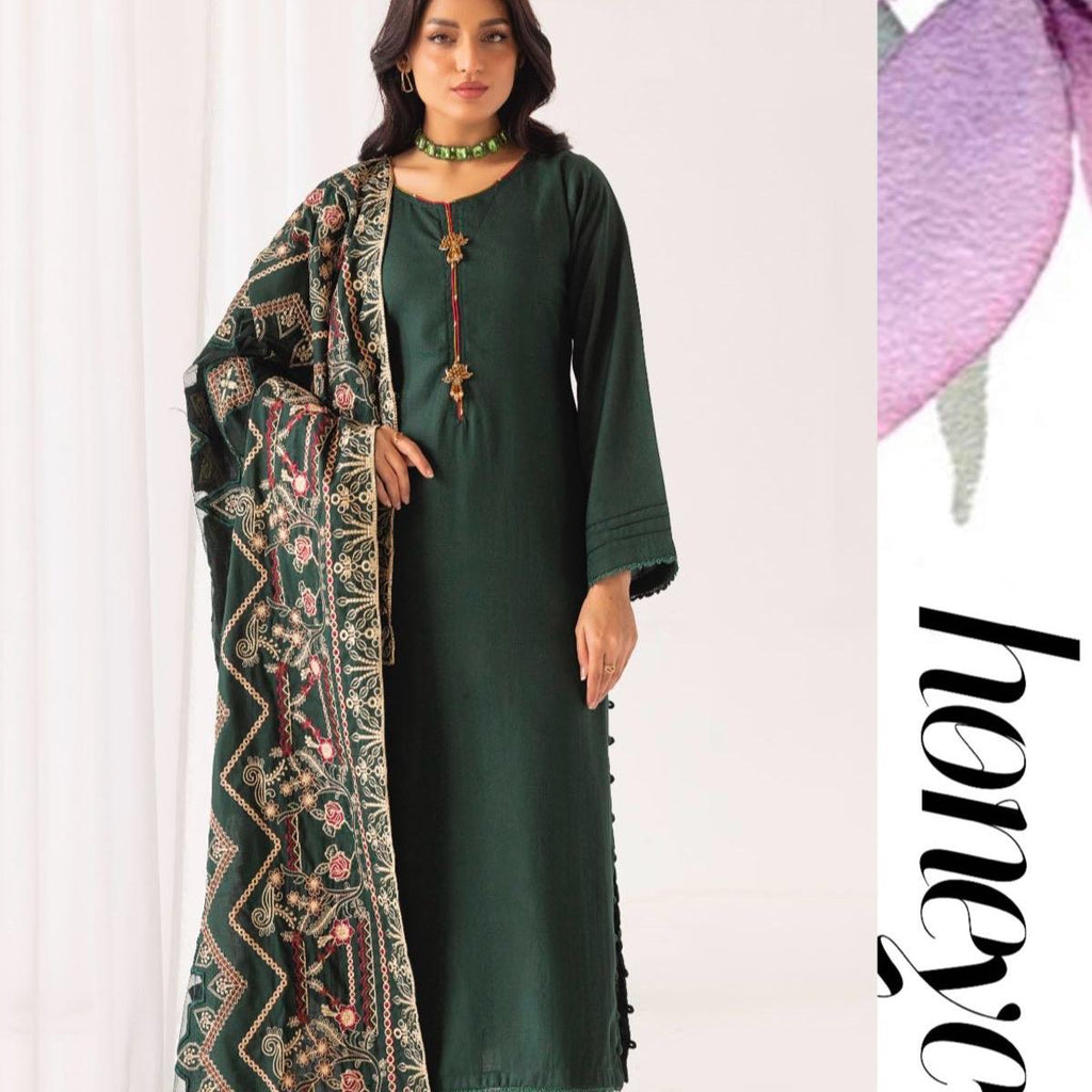 Simrans winter dhanak suit with laser kari shawl green
