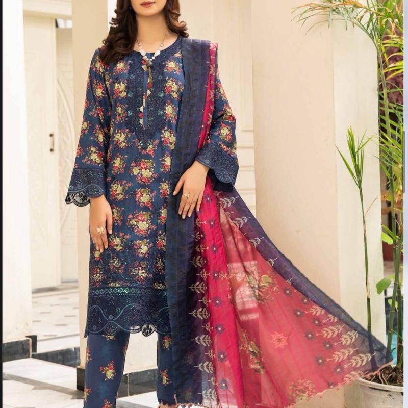 Linen blue floral print with embroidered 3PC