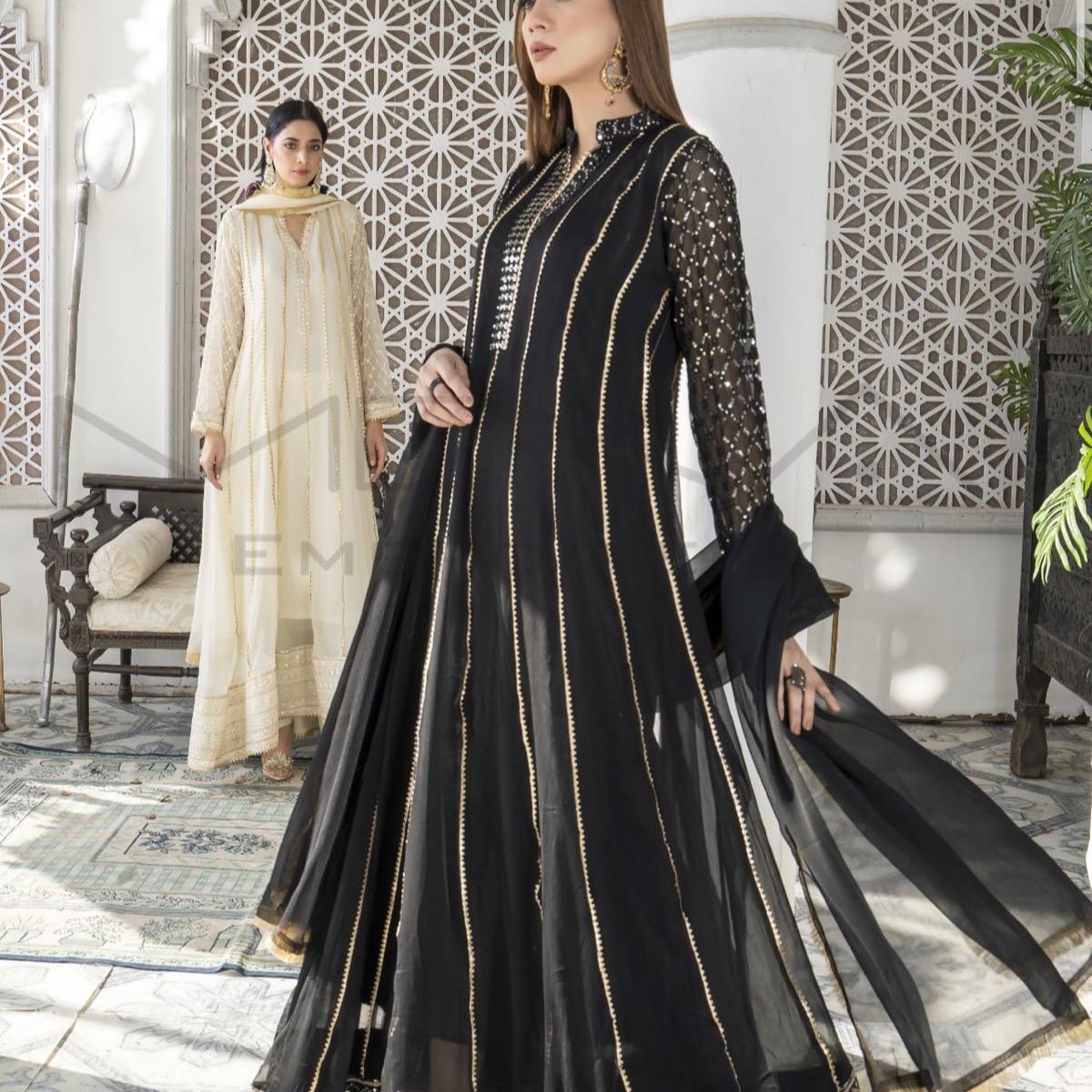 Black chiffon mirror work dress 3PC